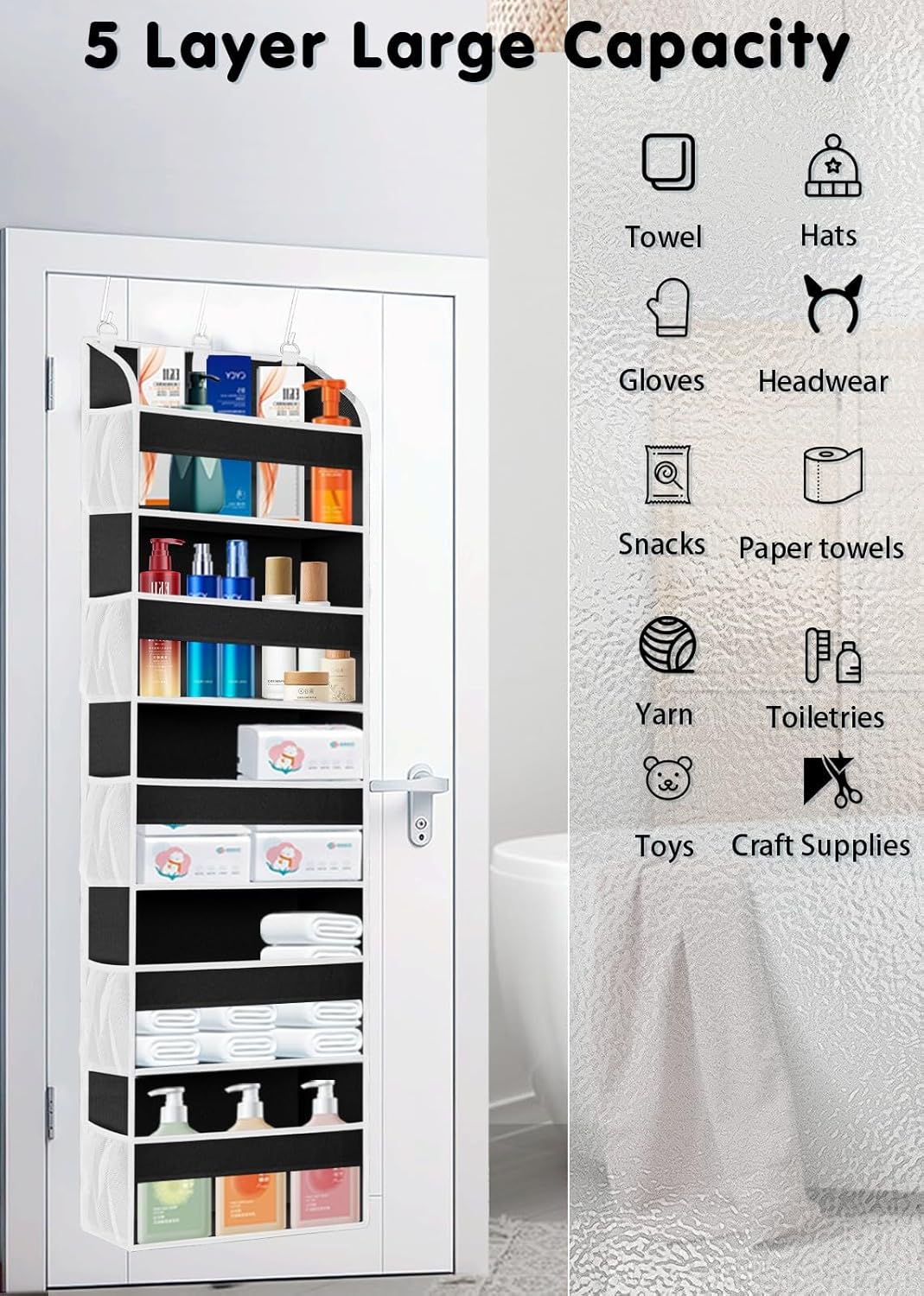 1 Pack Over The Door Storage Organizer with 5 Pockets 10 Mesh Side Pockets, 44 lbs Weight Capacity Door Hanging Organizers and Storage for Bedroom,Bathroom,Nursery,Pantry,Dorm(Black)