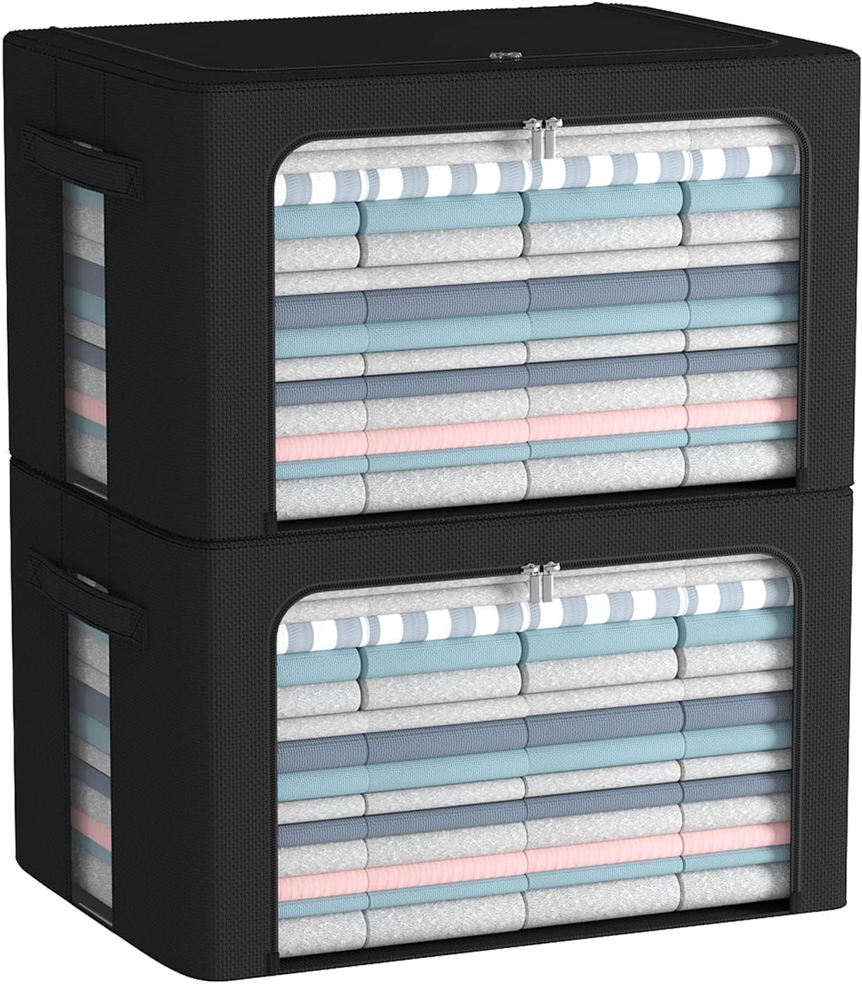 FHSQX 2 Pack Clothes Storage Bins Foldable Metal Frame Storage Box Linen Fabric Organizer Set with Carrying Handles and Clear Window (Black, 15.7x 11.8x 7.8Inch)