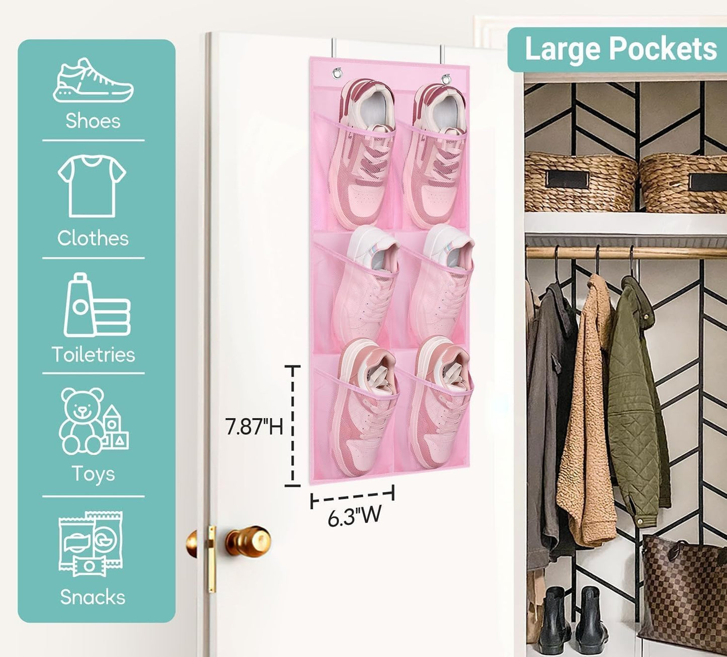 KIMBORA 2 Packs Narrow Kids Over the Door/Wall Shoe Organizer Small Baby Hanging Shoe Rack for Closet with Clear Mesh Pocket Shoe Storage for Toddler Girl Bedroom, Bathroom, RV, Pantry, Camping (Pink)
