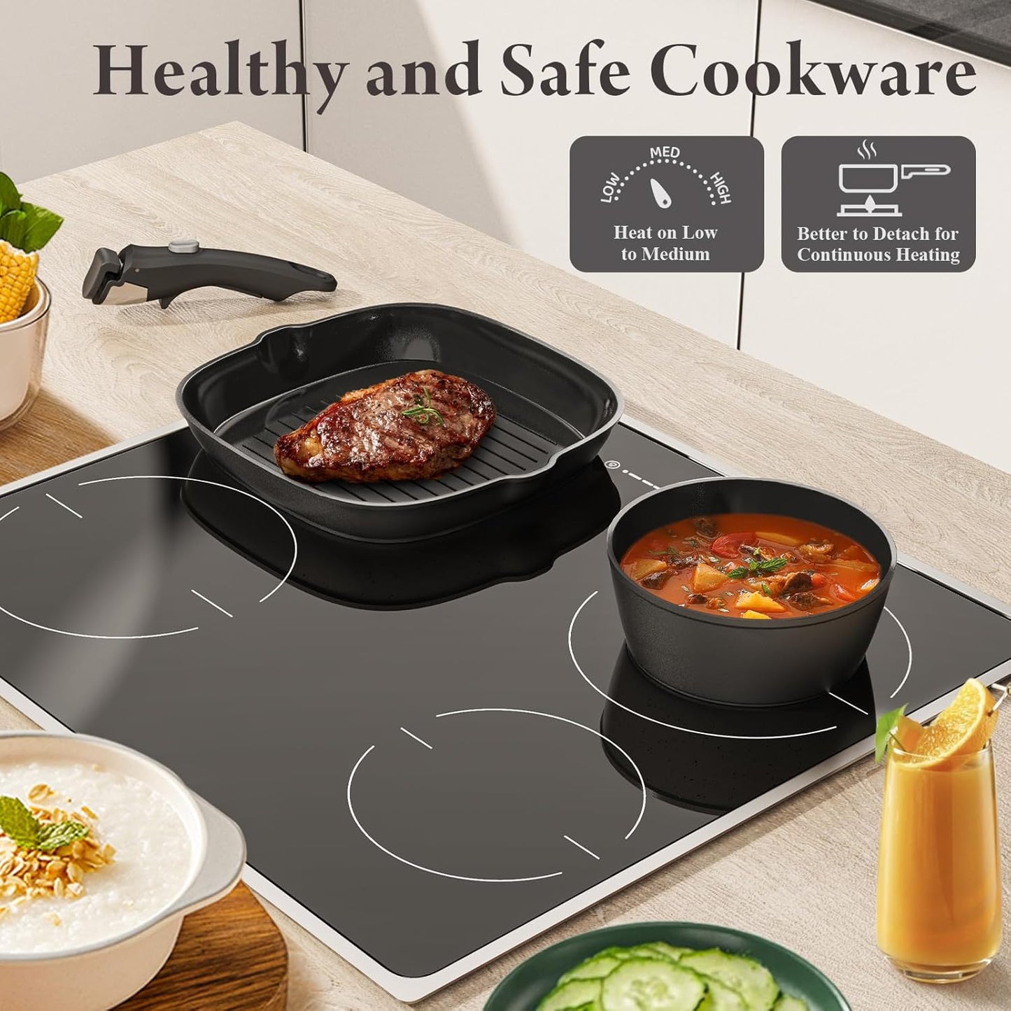 19 Pcs Pots and Pans Set Non Stick Ceramic Cookware Set with Removable Handles, Non Toxic Induction Kitchen Cookware Sets RV Cookware,Dishwasher/Oven Safe PFAS/PTFE/PFOA Free Cream White