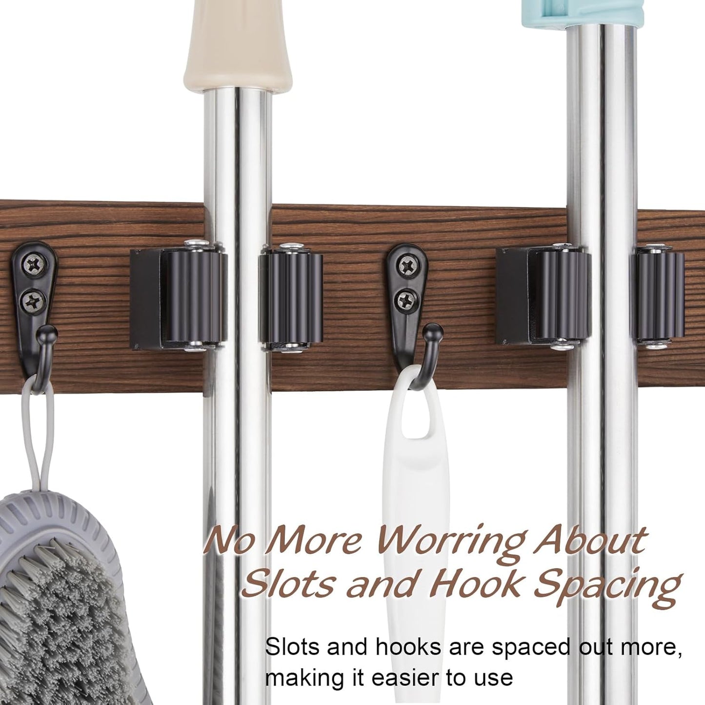 2 Pack Mop Broom Holder Wall Mount with 3 Slots & 4 Hooks - Rustic Wood Broom Mop Hanger for Pantry Kitchen Organization - Garden Tool Organizer for Closet Laundry Room