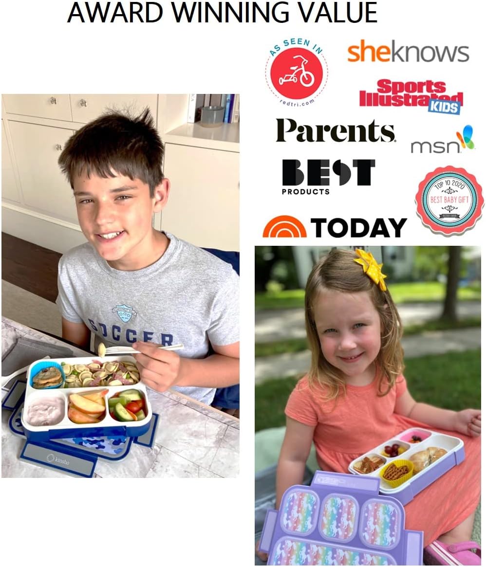 kinsho Bento-Box Lunch-Box Kids, Meal Boxes and Snack Containers for Boys & Girls for School, Includes Utensils, BPA Free (Purple Rainbow Unicorn + Blue Black Camo, 2 Pack Set)