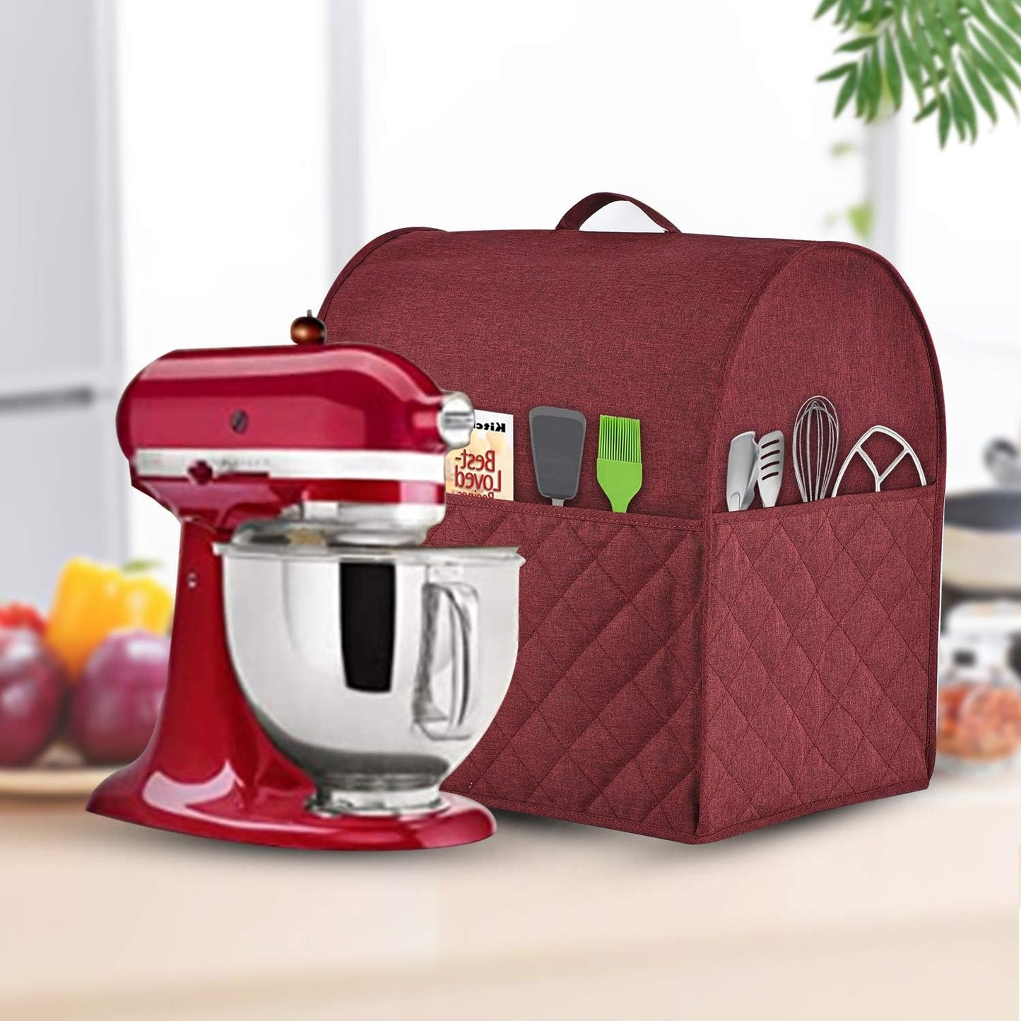 Stand Mixer Dust-proof Cover for KitchenAid Mixer，Multi Pockets for Various Kitchen Appliance Accessories，Water-resistant，Easy Cleaning (Wine red, Fit for Tilt Head 4.5-5 Quart)