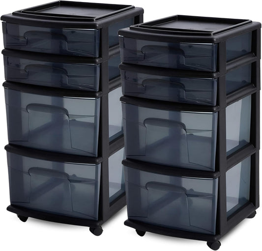 HOMZ 2-Pack Drawer Tower, 4-Tier Clear Plastic Storage Organizer Cart, Black Tint and Frame - Organizing Containers with Wheels for Home, Bathroom, Bedroom, Office, and Classroom