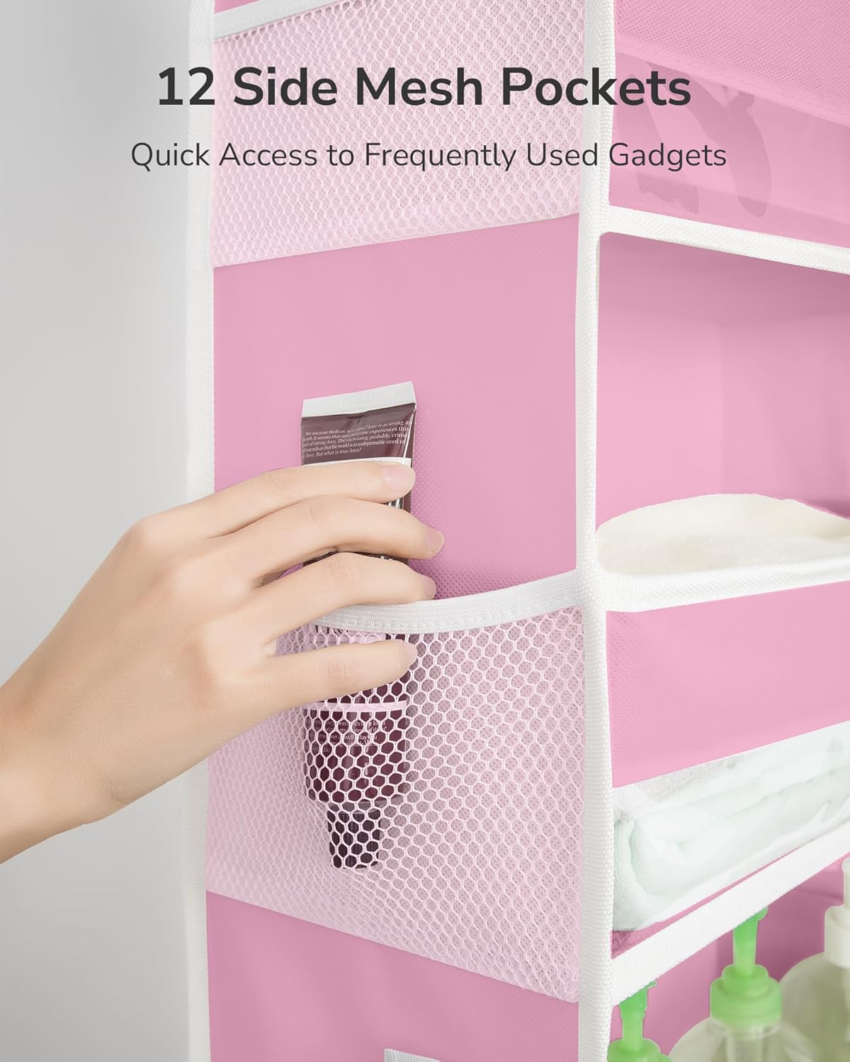 ULG Over The Door Organizer with 6 Large Pockets 12 Side Pockets, 50lbs Weight Capacity Door Hanging Storage Organizer for Bedroom, Bathroom, Pantry, Nursery Storage, Pink