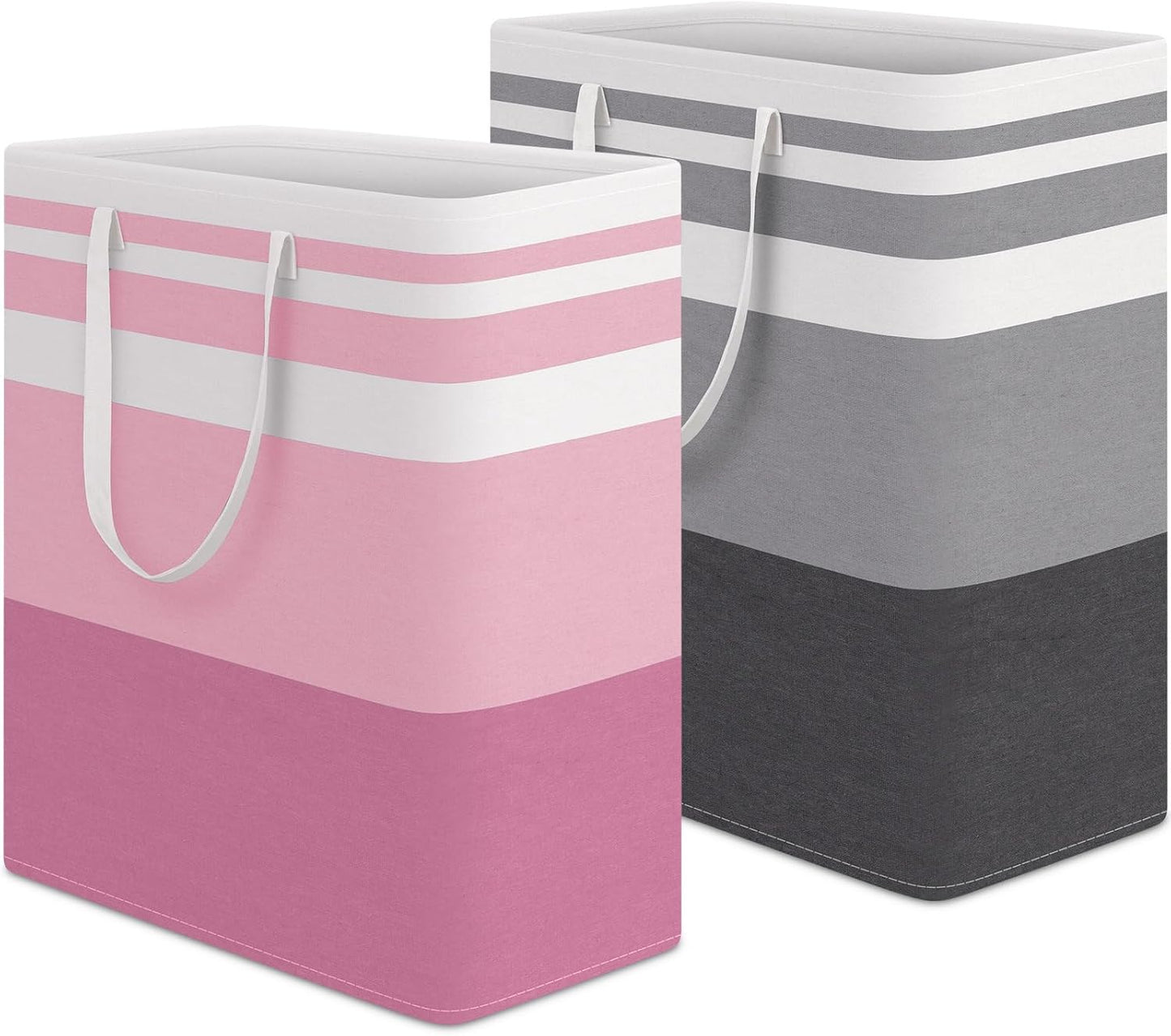 HomeHacks 2 Pack Large Laundry Baskets, Waterproof, Freestanding Laundry Hampers, Collapsible Clothes Hamper with Reinforced Handles in Laundry, College Dorm, Bathroom, Bedroom (Grey+Pink, 100Lx2)