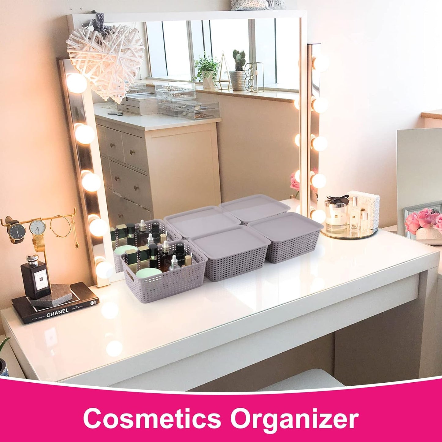 AREYZIN Lidded Storage Bins Plastic Storage Baskets With Lid Organizing Container Knit Storage Organizer Bins for Shelves Drawers Desktop Playroom Classroom Office, 6 Pack,Purple