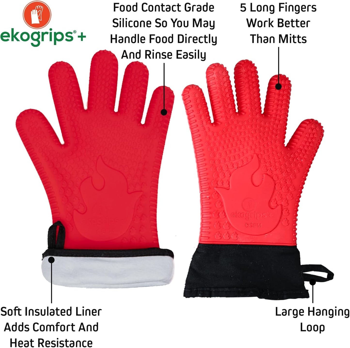 Ekogrips+ Premium Silicone Oven Mitts - Comfy, Waterproof, Heat Resistant BBQ Gloves for Grilling, Long Cuff for Added Protection, 5 Finger Dexterity, 3 Sizes, 4 Colors, L/XL, Red