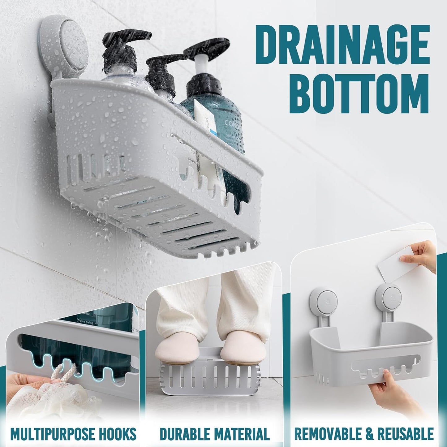 TAILI Shower Caddy Suction Cup 2 Pack, Heavy Duty Bathroom Organizer, Removable Shelves for Inside Shower, Shampoo, Waterproof Suction Plastic Storage for Bathroom Accessories Holder, Gray