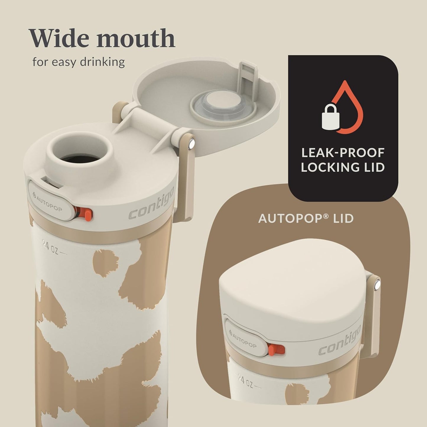 Contigo x Ally Love Jackson Chill 2.0, Stainless Steel, Spill Proof Water Bottle with AutoPop Lid, BPA Free, 24oz, Oatmilk