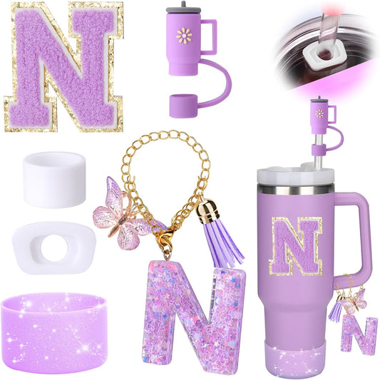 Mity rain 6PCS Cup Accessories Set for Stanley Cup 30oz 40oz tumbler with handle, Including Silicone Straw Topper Cover Cap and Boot, Spill Proof Stopper, Handle Charm, Initials Sticker (Letter N)