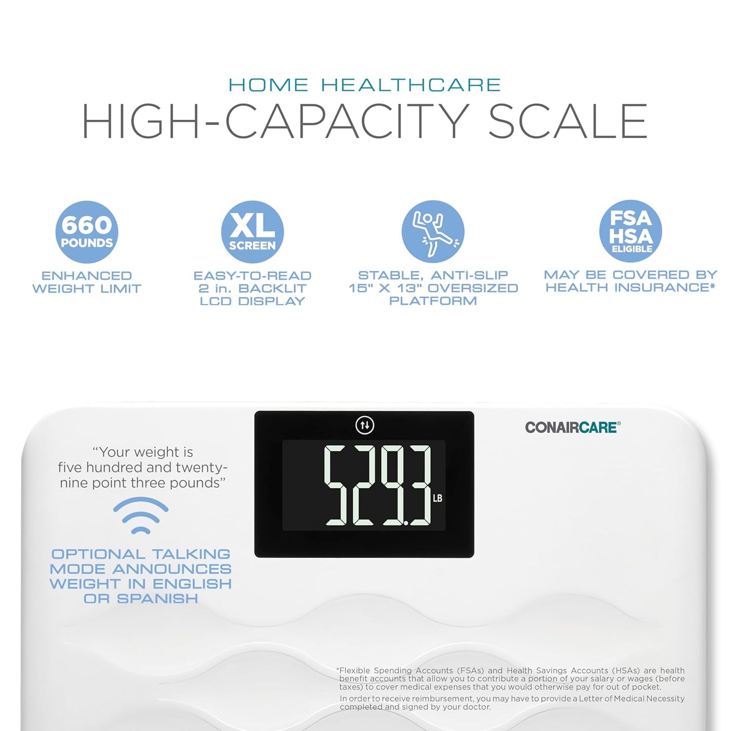 Conair Bathroom Scale for Body Weight, FSA/HSA Eligible High-Capacity Talking Bathroom Scale in both English and Spanish - 660 lb. Enhanced Weight Limit with XL Backlit LCD Display, Anti-Slip Platform