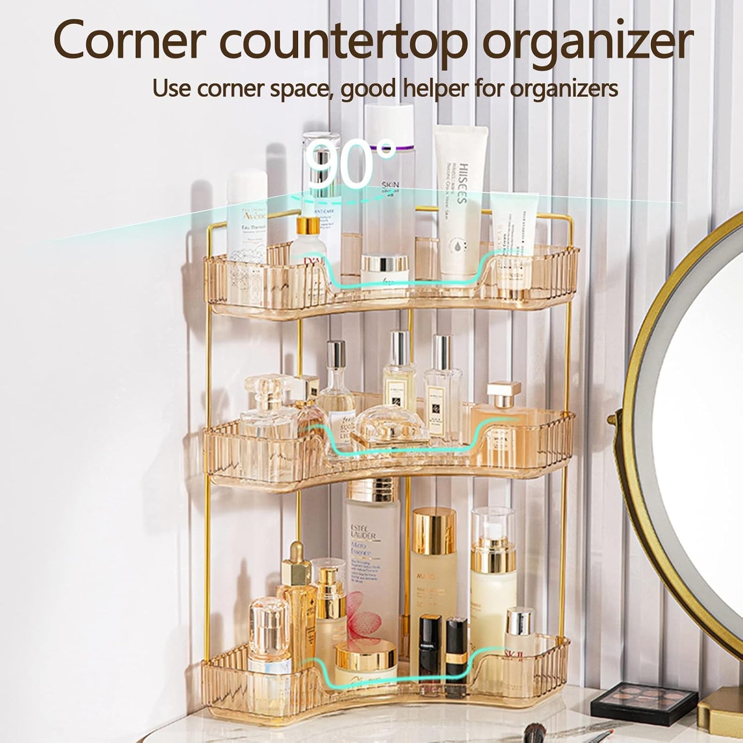 3-Tier Corner Bathroom Counter Organizer – Classic Storage Shelf for Makeup, Perfume & Toiletries, Space-Saving Countertop Tray Fits Bathroom, Dresser, Kitchen (Vintage Gold)