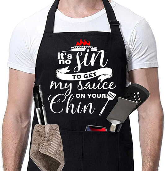 ZOORON Funny Black Chef Aprons for Men Adjustable BBQ Grill Kitchen Cooking Aprons with Pockets, Grill Accessories