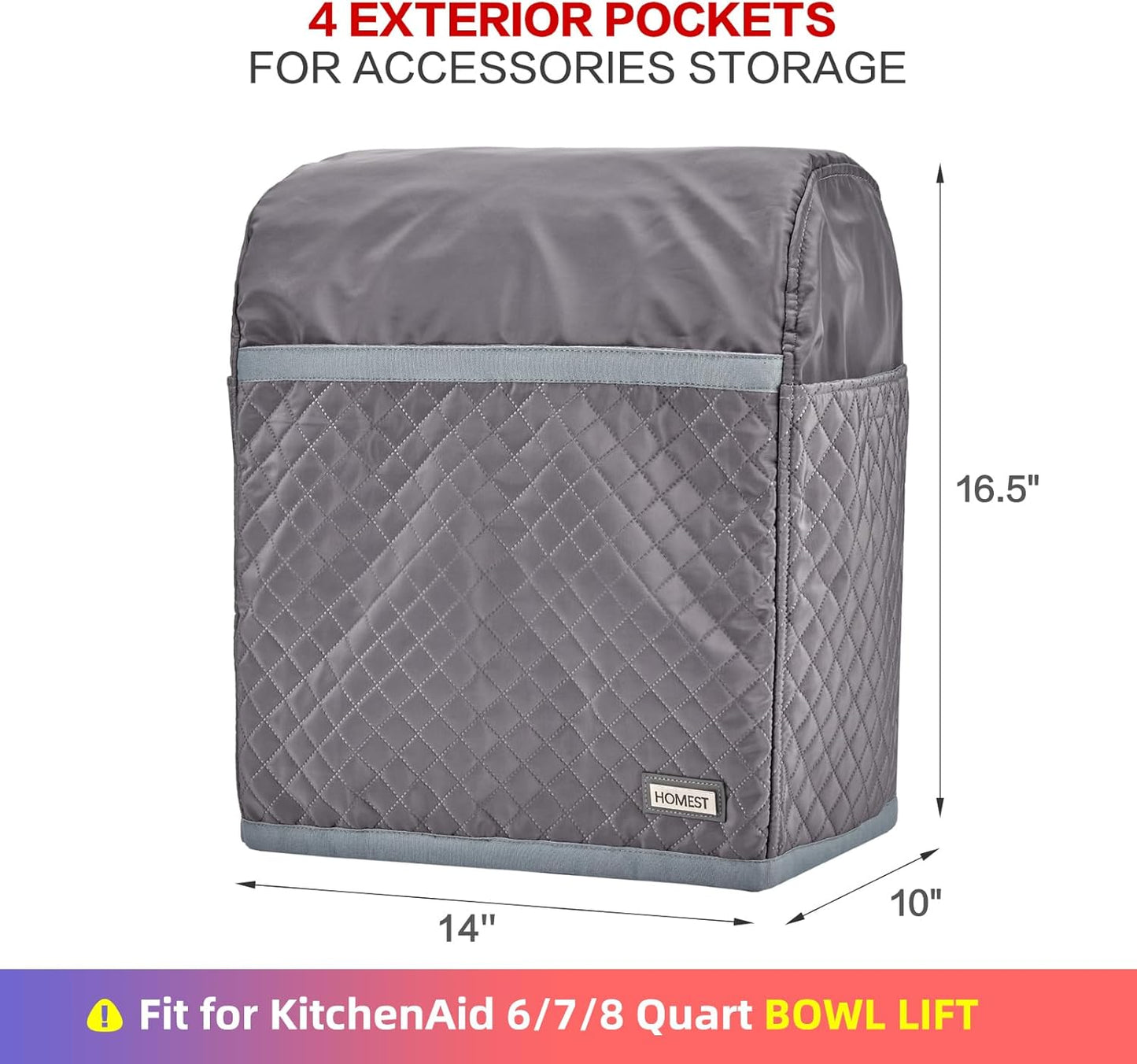 HOMEST Stand Mixer Quilted Dust Cover with Pockets Compatible with KitchenAid 6/7/8 Quart Bowl Lift, Grey (Patent Design)