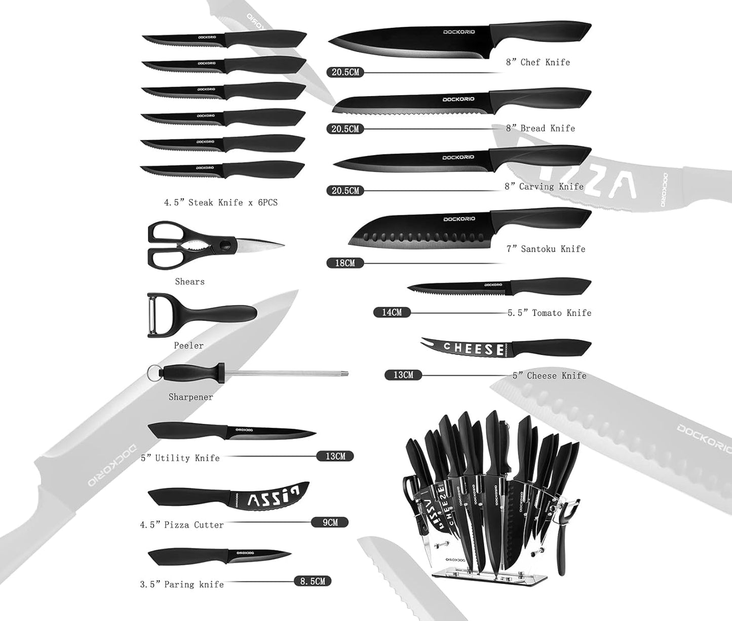 Kitchen Knife Set with Block, 19 PCS High Carbon Stainless Steel Sharp includes Serrated Steak Knives Set, Chef Knives, Bread Knife, Scissor, Sharpener, all in one