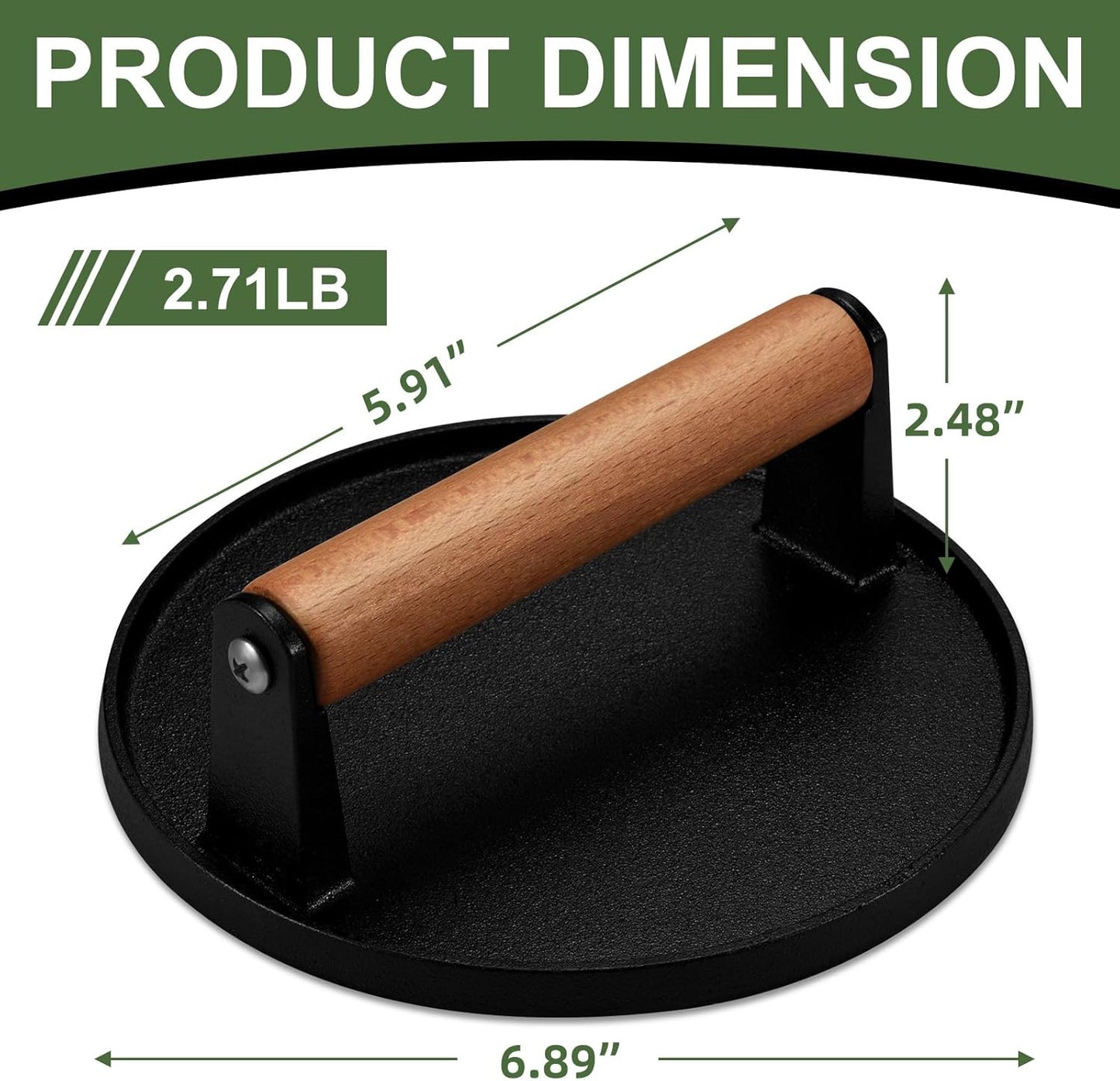 EWFEN Cast Iron Smash Bacon Press Meat Steak with Wood Handle, Burger Press(Round with Flat Bottom)