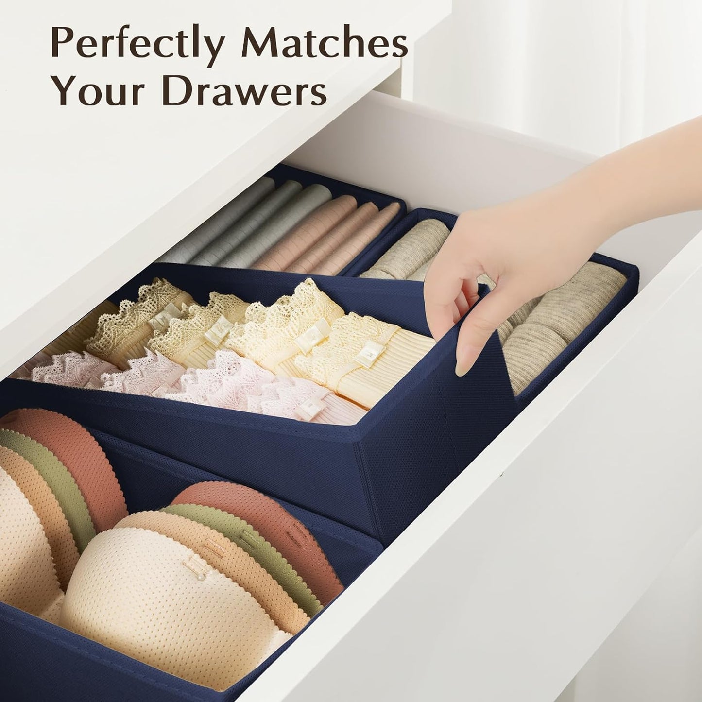 DIMJ Drawer Organizers Clothes, Set of 16 Dresser Organizer Bins, Fabric Closet Organizers and Storage, Shallow Drawer Dividers for Nursery, Clothing, Baby Clothes, Socks, Underwears, Tie (Navy Blue)