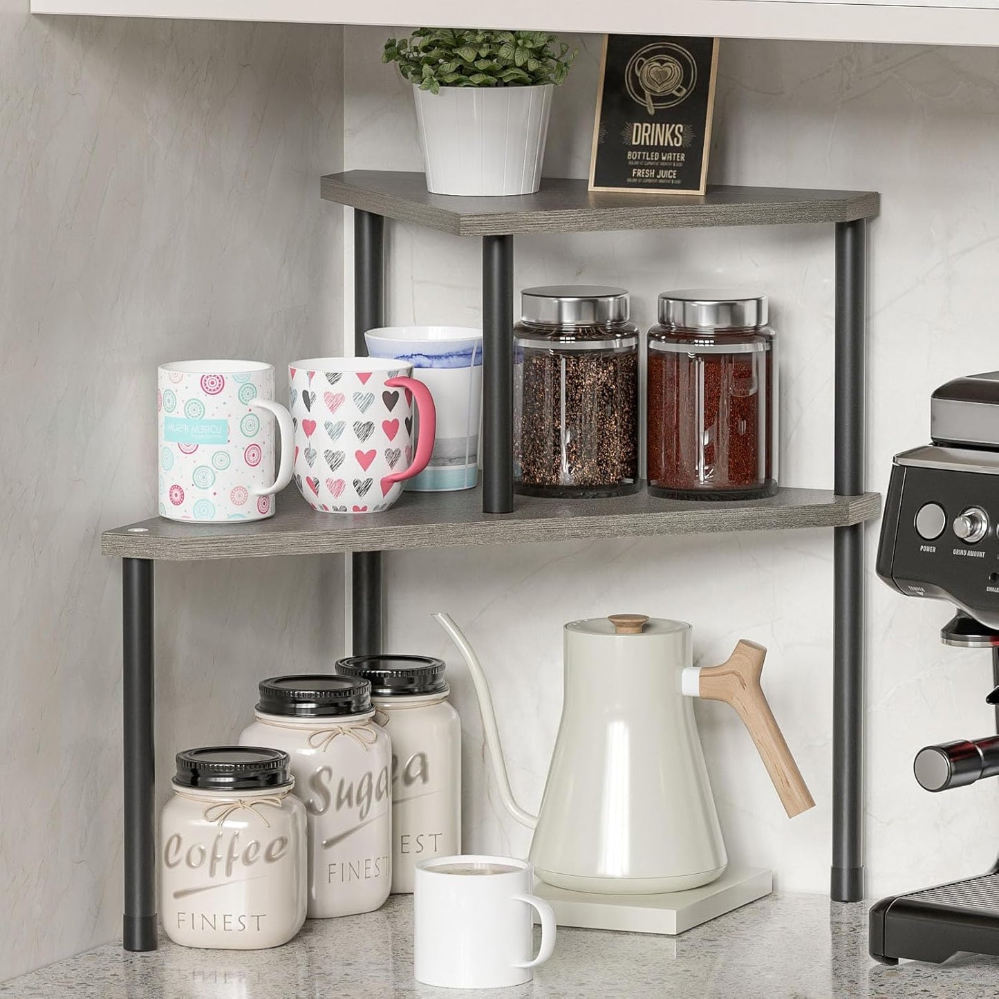 Weenson Bathroom Counter Organizer Over Sink Organizer for Toiletries, Makeup, Kitchen Countertop Organizer Spice Rack for Salt, 2-Tier Corner Counter Shelf for Coffee Area Storage(Rustic Grey)