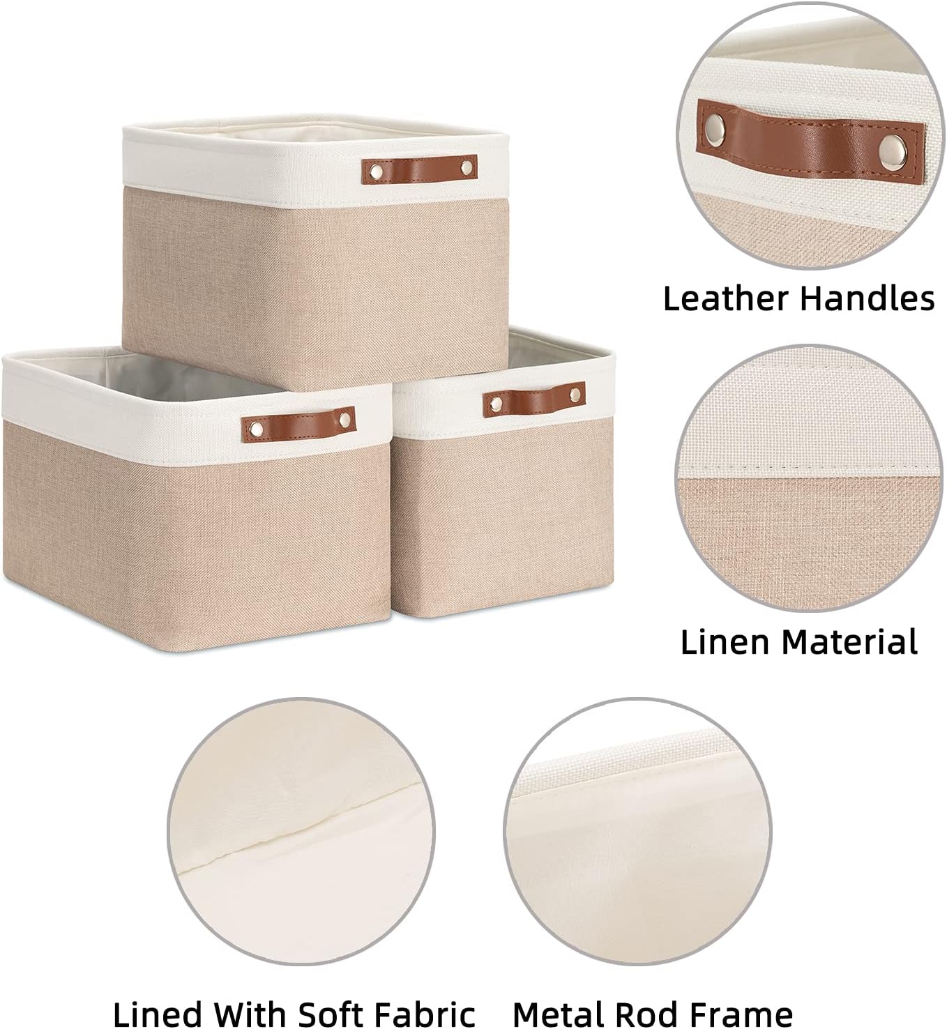 HNZIGE Fabric Storage Baskets for Shelves, Large Collapsible Storage Baskets for Organizing, Decorative Baskets Bins Set with Handles for Closet, Clothes,Home (3 Pack, White&Khaki,15" x 11" x 9.5")