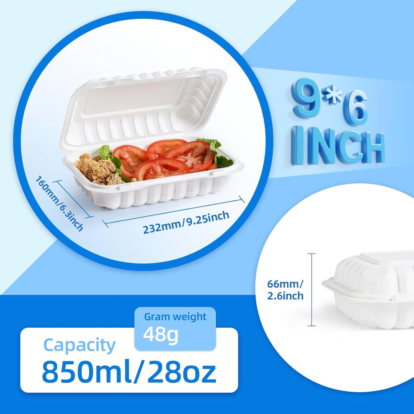 YANGRUI To Go Containers, Reusable 150 Pack 9 x 6 Inch 28 OZ Plastic Hinged Food Boxes Microwave Freezer Safe BPA Free MFPP Clamshell Take Out Container