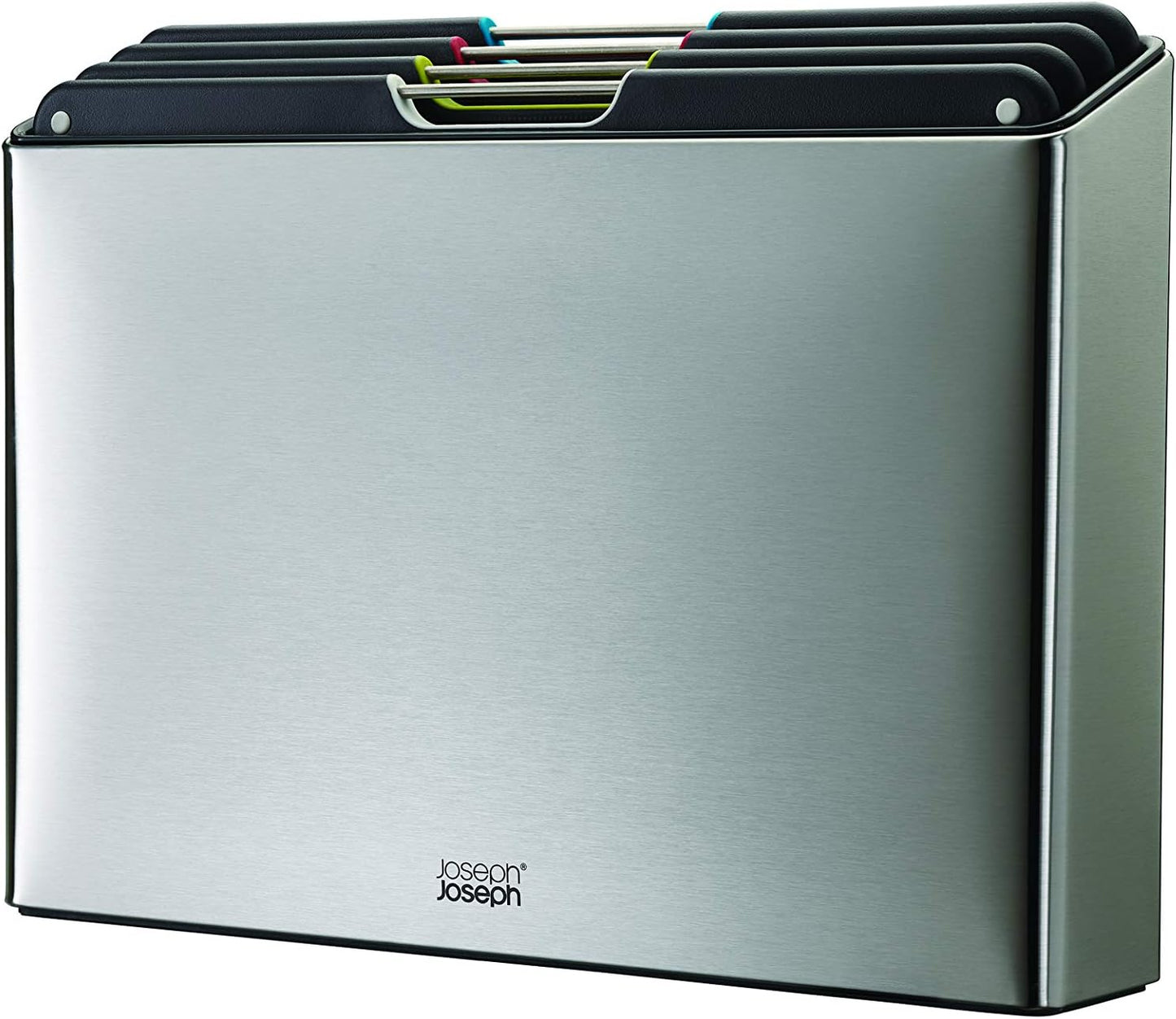 Joseph Joseph Folio 4-Piece Colour coded Cutting Board Set, Stainless Steel Slimline case for organized Kitchen storage, Silver