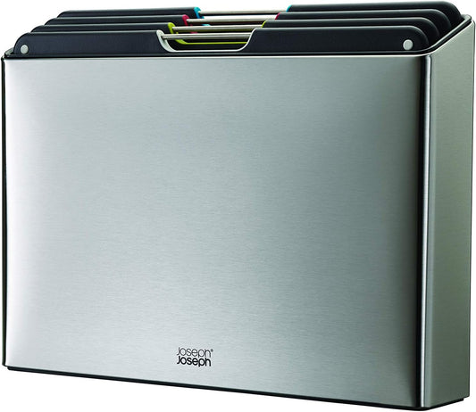 Joseph Joseph Folio 4-Piece Colour coded Cutting Board Set, Stainless Steel Slimline case for organized Kitchen storage, Silver