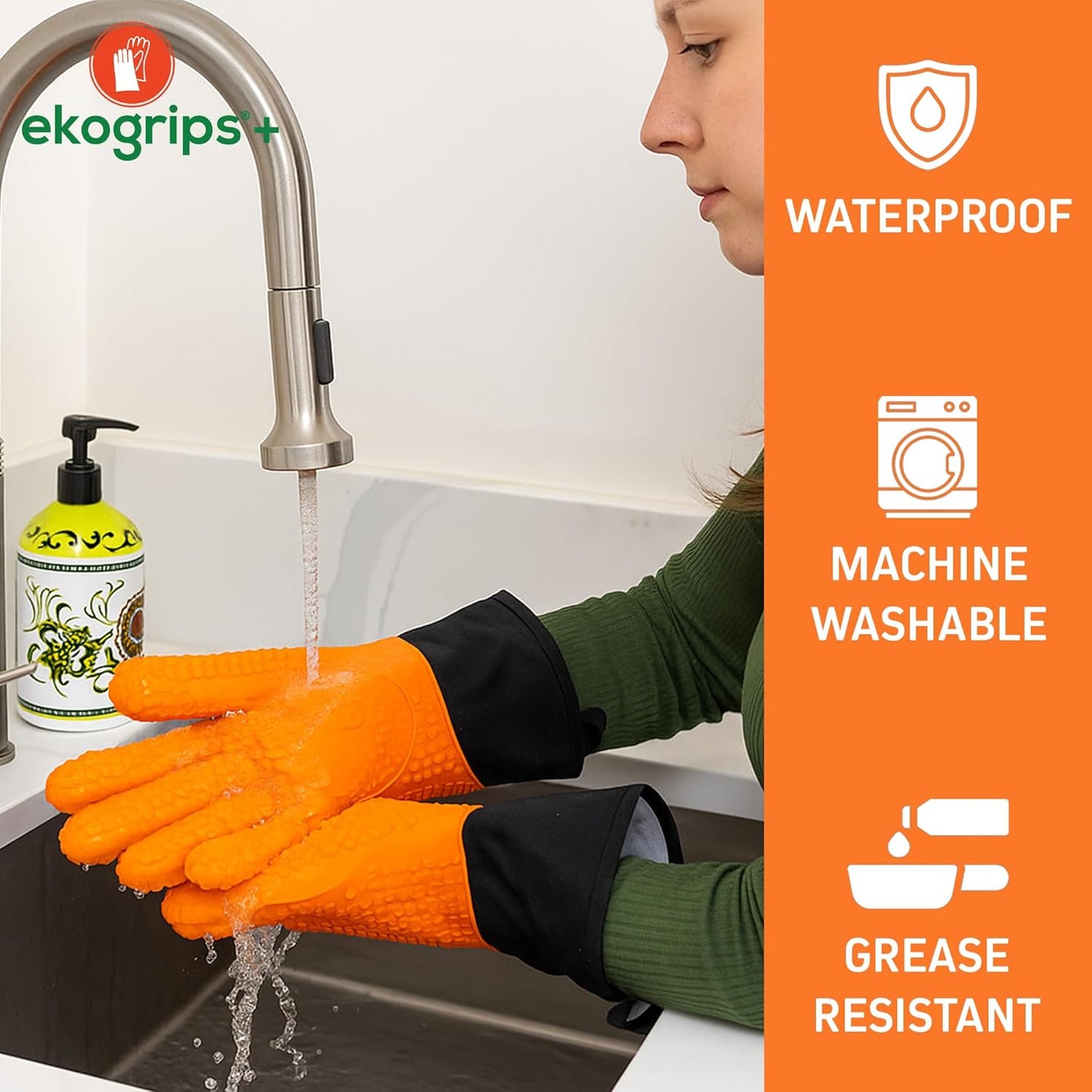 Ekogrips Plus Oven Gloves with Fingers, Comfy Waterproof Silicone Oven Mitts Heat Resistant with Long Cuff, Insulated BBQ Gloves Perfect for Grilling, Baking, Smoker, Canning, and Pizza, Black, OSFM