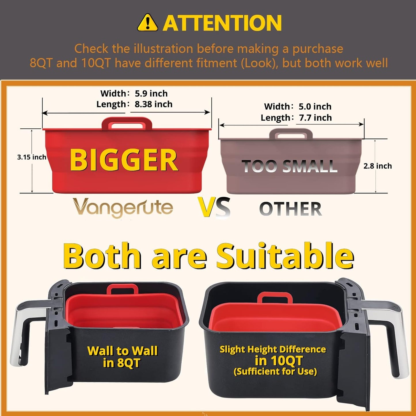 Collapsible 2-Pack Air Fryer Silicone Liners for 8QT & 10QT NINJA Foodi Dual, Rectangular Reusable Silicone Air Fryer Liners Pot Basket Accessories (Red)