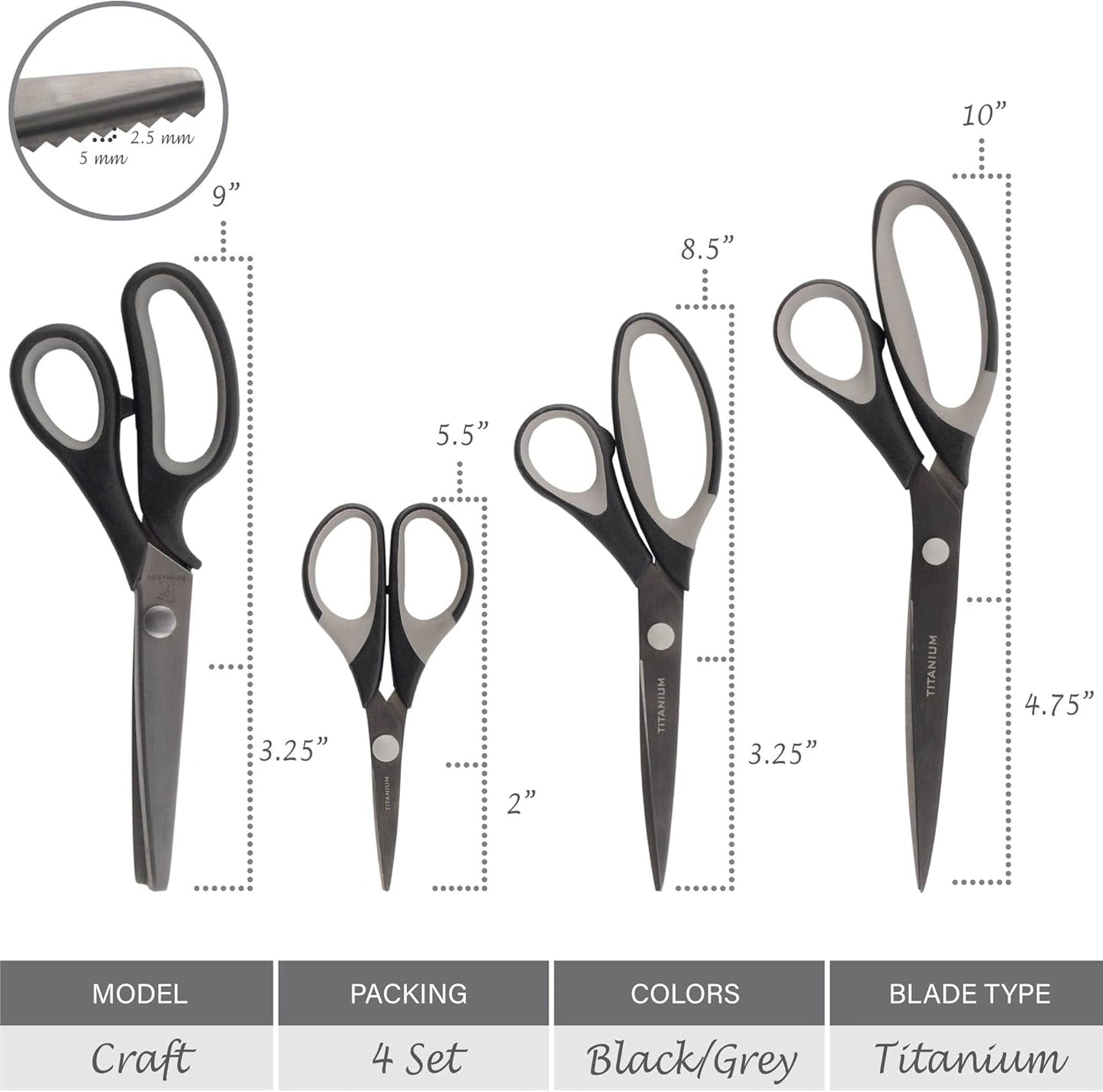 BambooMN Titanium Softgrip Scissors Set - Pinking, Sewing, Arts, Crafts, Office - 1 Set of 4 - Black w/Grey Inlays