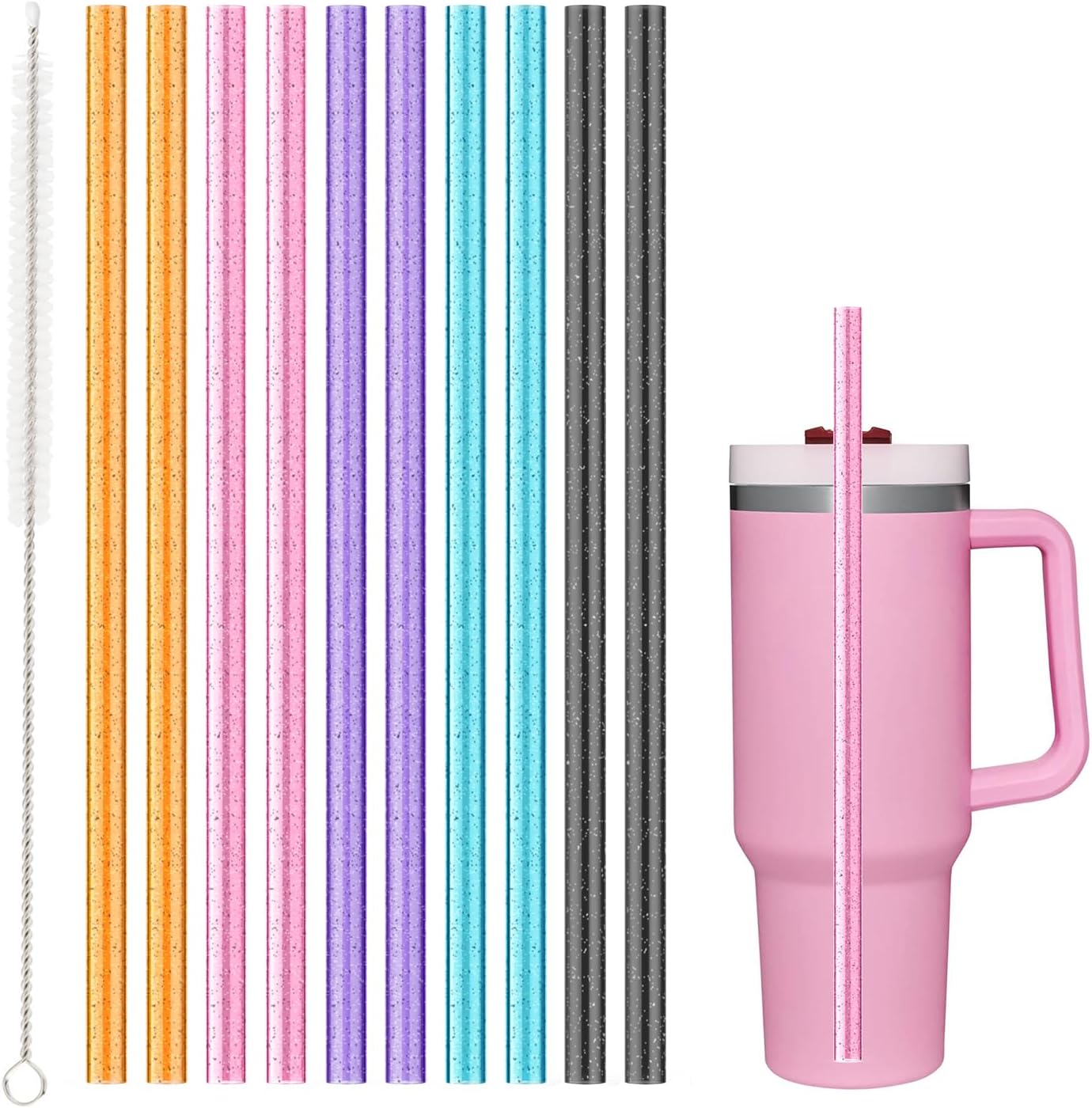 Replacement Straw for Stanley Cup 40 oz 30 oz 64 oz Tumbler, 10 Pack Long Reusable Color Straws with Cleaning Brush, Dishwasher Safe, Plastic Straws for stanley cup accessories