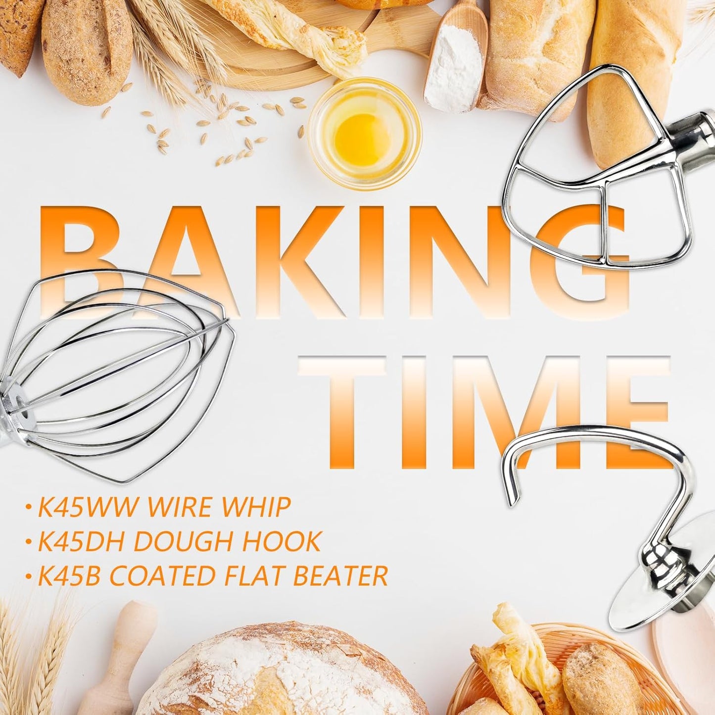 Funmit Mixers Accessories Stainless Steel Attachments Replacement for Kitchen-aid Mixers, K45WW Wire Whip, K45DH Dough Hook, K45B Coated Flat Blade Paddle, Kitchen Tilt-Head Aid Stand Mixer Attachment