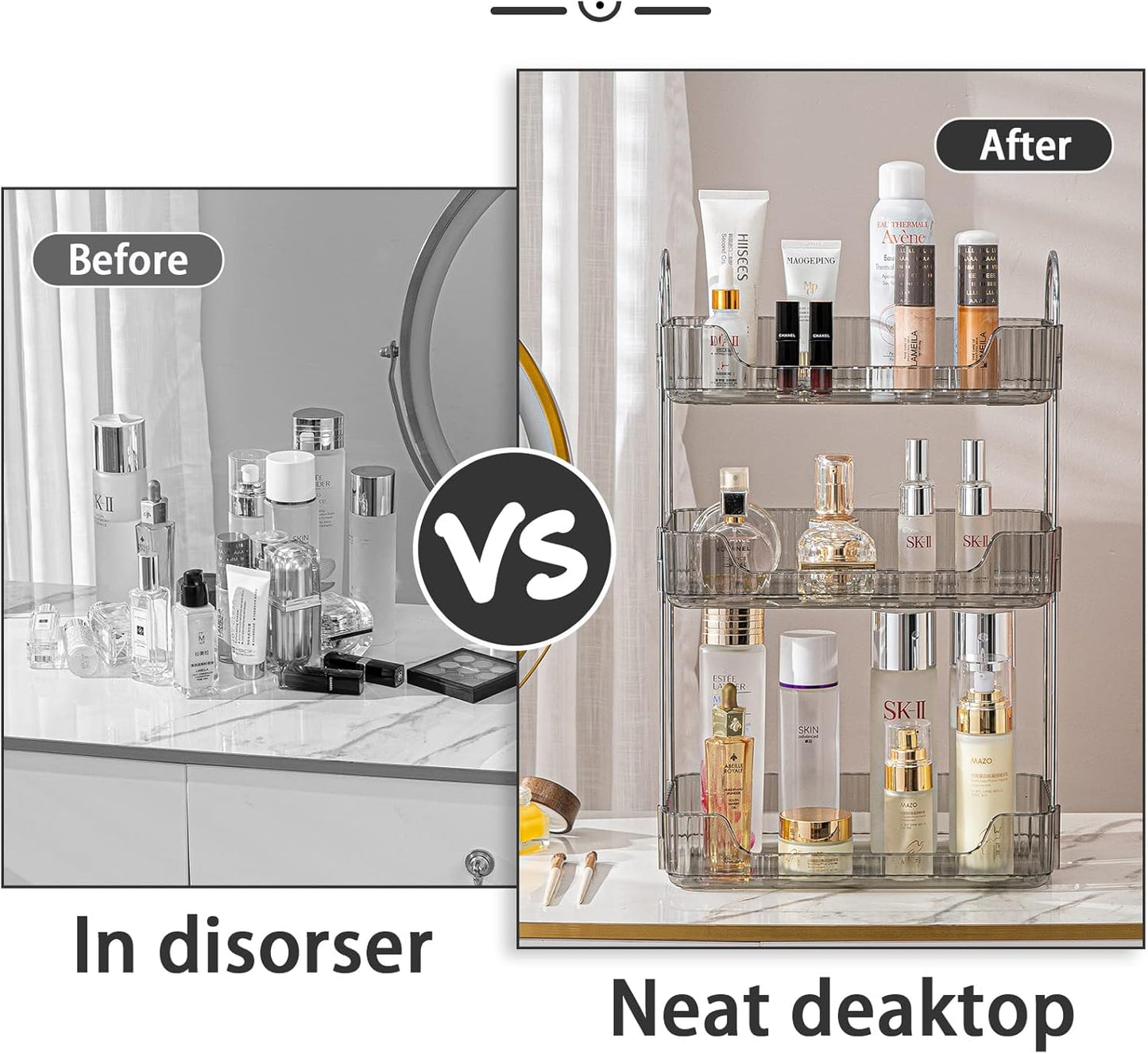 3-Tier Gray Countertop Storage - Bathroom & Kitchen Organizer, Cosmetics & Makeup Shelf, Spice Rack