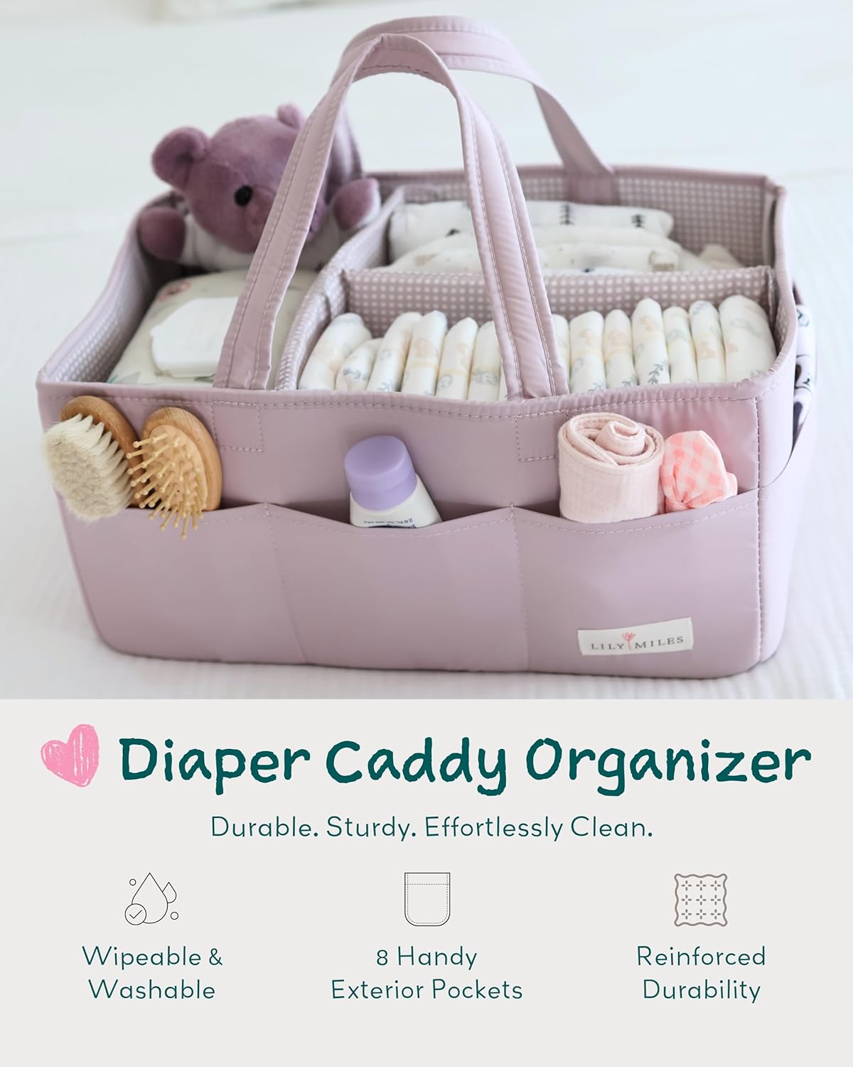 Lily Miles Baby Diaper Caddy Organizer, Wipeable Diaper Organizer Basket with 8 Pockets for Newborn Essentials, Baby Shower Gifts, Nursery Tote Bag for Changing Table or Car (Rosy Lilac, Large)