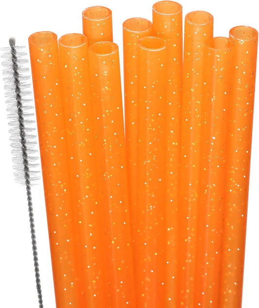 Dakoufish Replacement Glitter Straws for Stanley|Owala|Simple Modern 40oz 30oz Tumbler,10 Pack 12 Inch Reusable Orange Straws With Cleaning Brush For Stanley Hydro Jug Cup,Dishwasher Safe