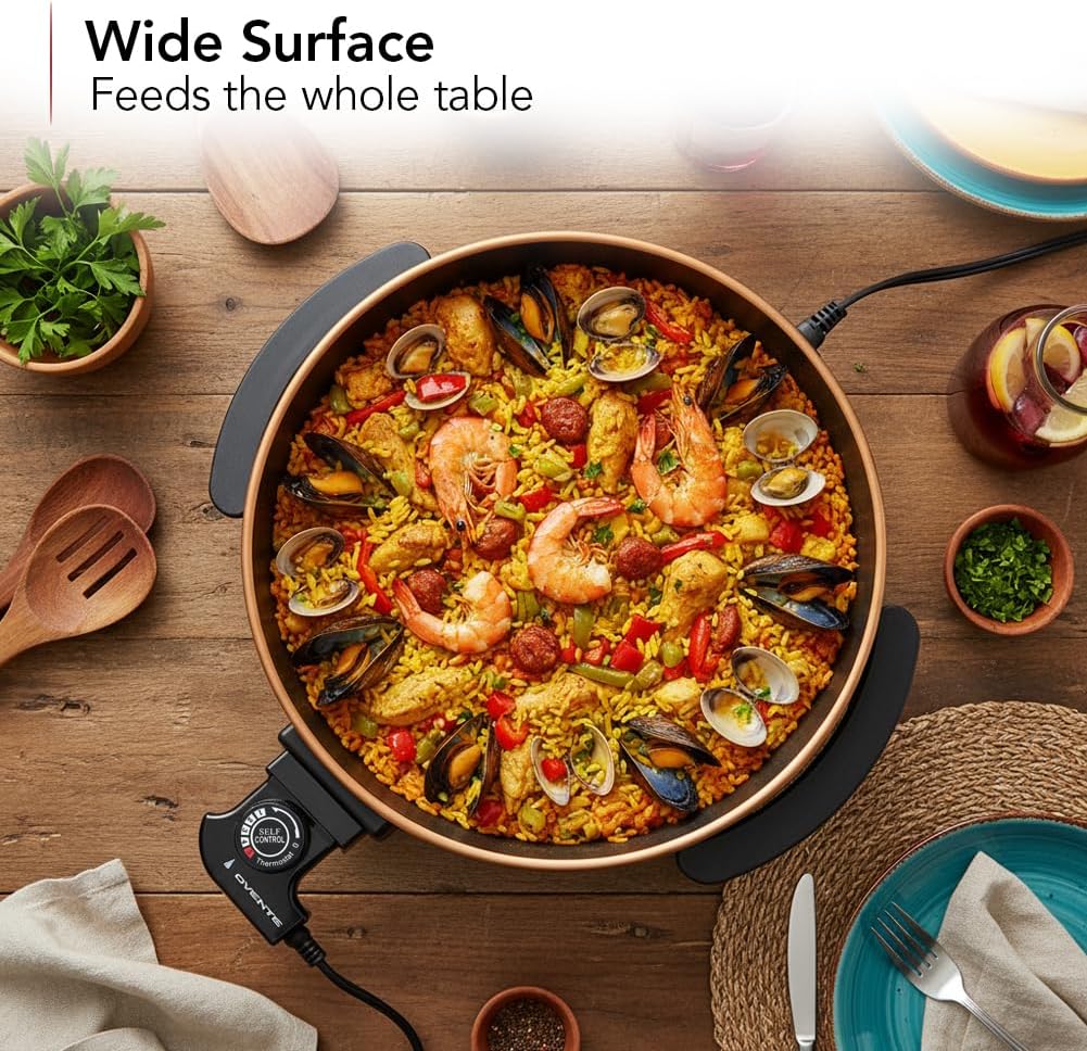 OVENTE 12 Inch Electric Skillet and Frying Pan with Nonstick Coating, 1400W Power, Adjustable Temperature Control, Tempered Glass Lid with Vent and Cool Touch Handles, Copper SK11112CO