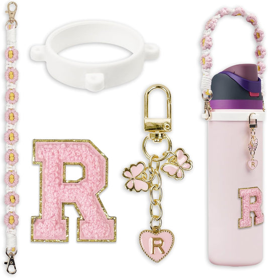 Cute Letter Charm Set Compatible with Owala Water Bottle 24 oz, 32 oz, 40 oz, Owala Kids, Owala Coffee Tumbler, Owala FreeSip – Includes Handle Strap, for Owala Accessories & Stanley Cup Accessories