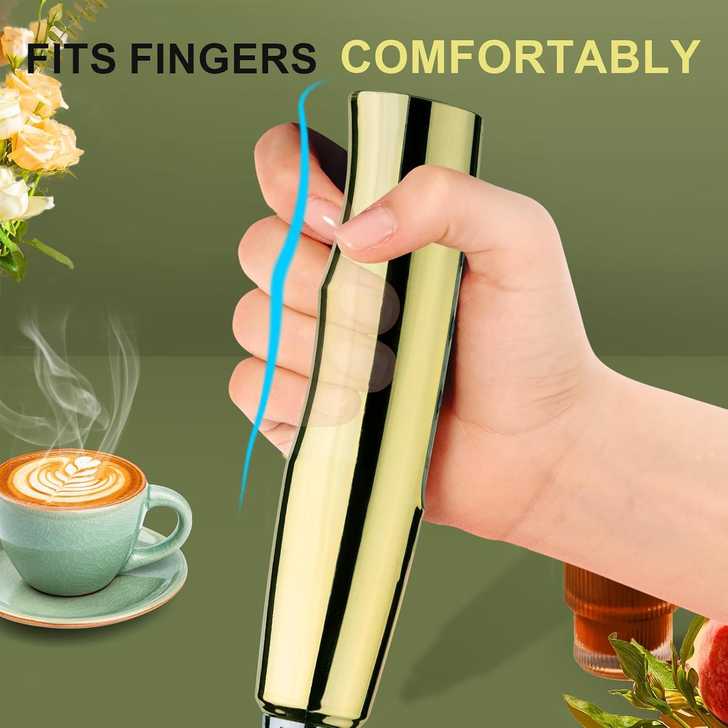 YUSWKO Champagne Gold Handheld Milk Frother Wand with Stand for Coffee, Rechargeable Electric Whisk with 3 Heads 3 Speeds Drink Mixer Coffee Frother For Latte, Cappuccino, Hot Chocolate, Egg