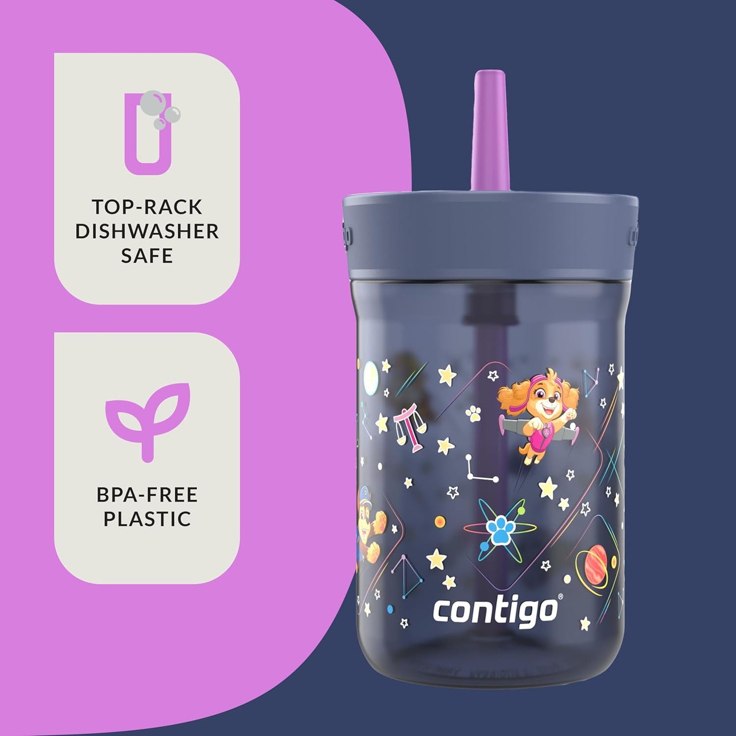 Contigo Kids Leighton Spill-Proof Paw Patrol Tumbler with Straw, 14oz, Space Zodiac, Purple