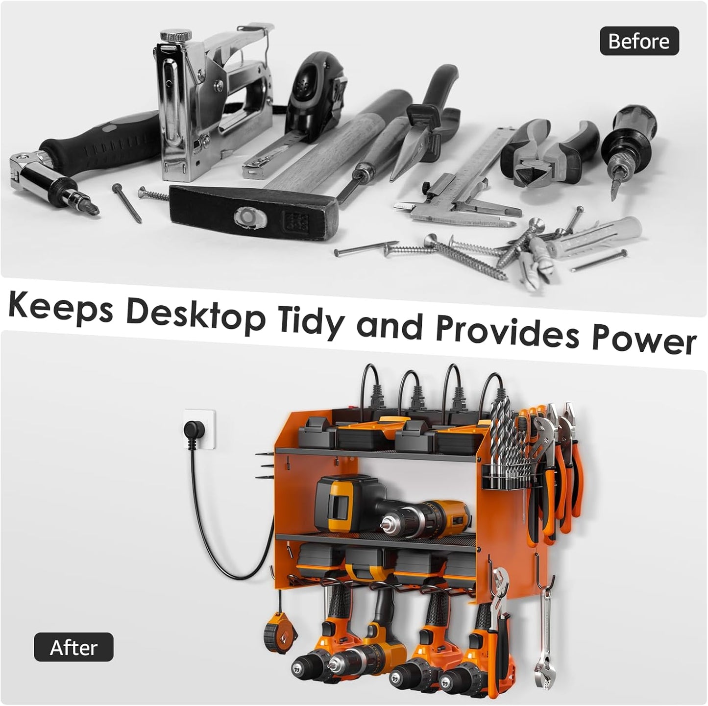 CCCEI Modular Power Tool Organizer Wall Mount with Charging Station. Garage Drill Storage Shelf with Hooks, Heavy Duty Rack, Tool Battery Holder Built in 8 Outlet. Gift for Men. Orange, 2 Pack.