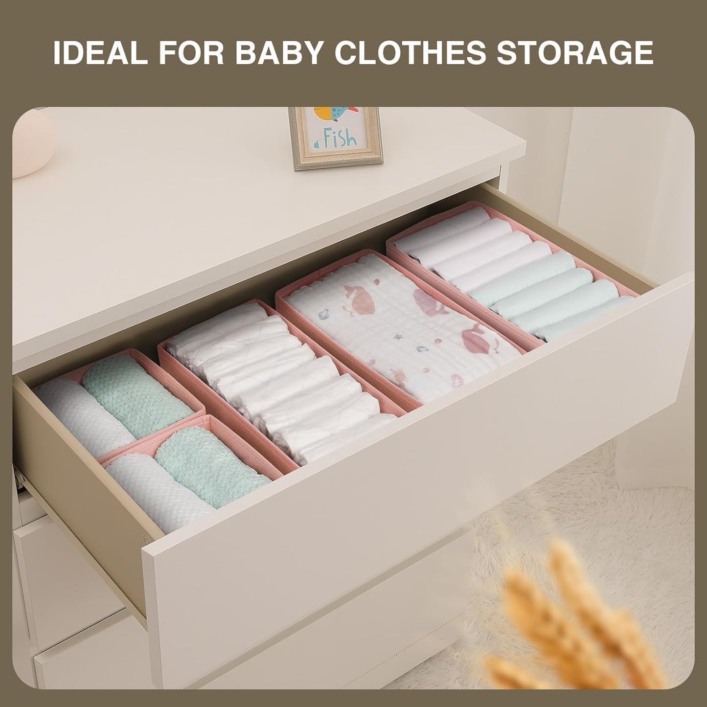 DIMJ Drawer Organizers - Set of 12 Fabric Closet Organizers and Storage, Drawer Dividers for Baby Clothes, Socks, Belt, Tie (Pink)