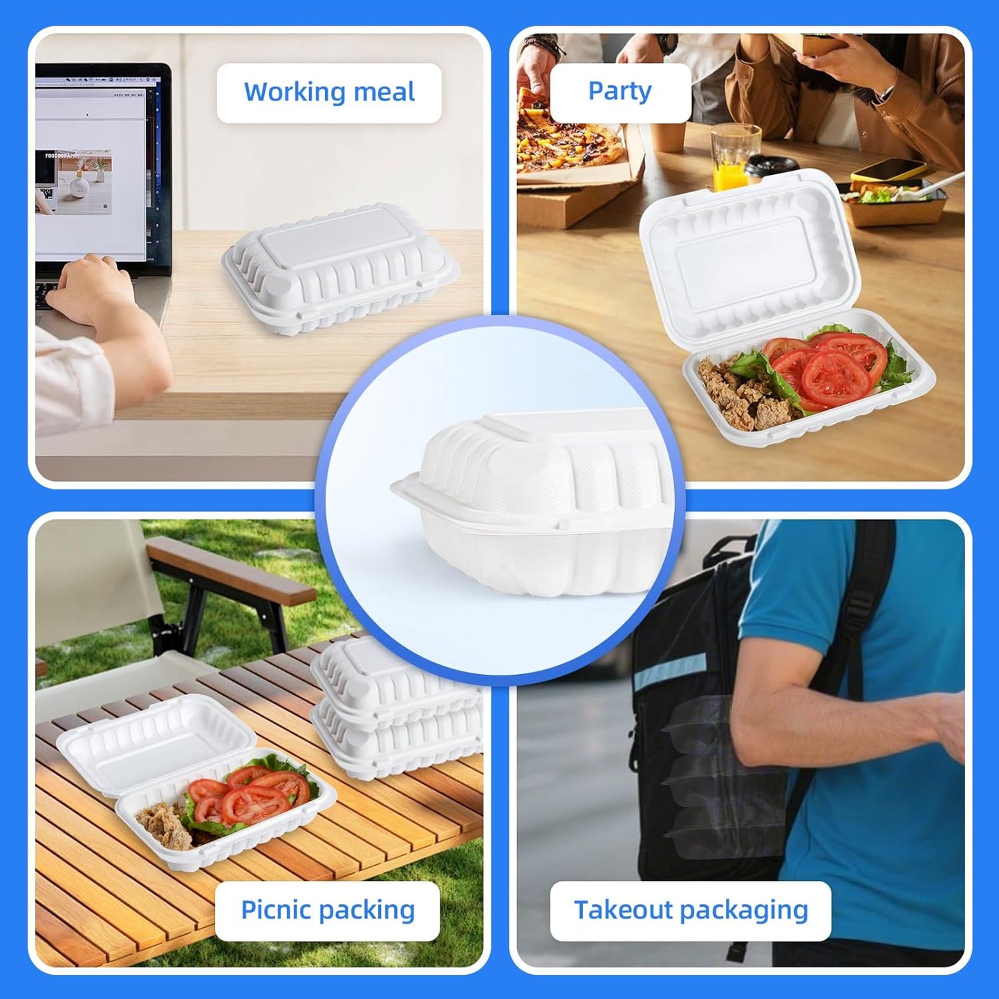 YANGRUI Food Containers 9x6 Inch 28 oz 50 Pack - Shrink Wrap Mineral-Filled BPA Free PP Plastic | Reusable Heavy Duty Freezer & Microwave Safe | Restaurant Grade White Clamshell Takeout Container