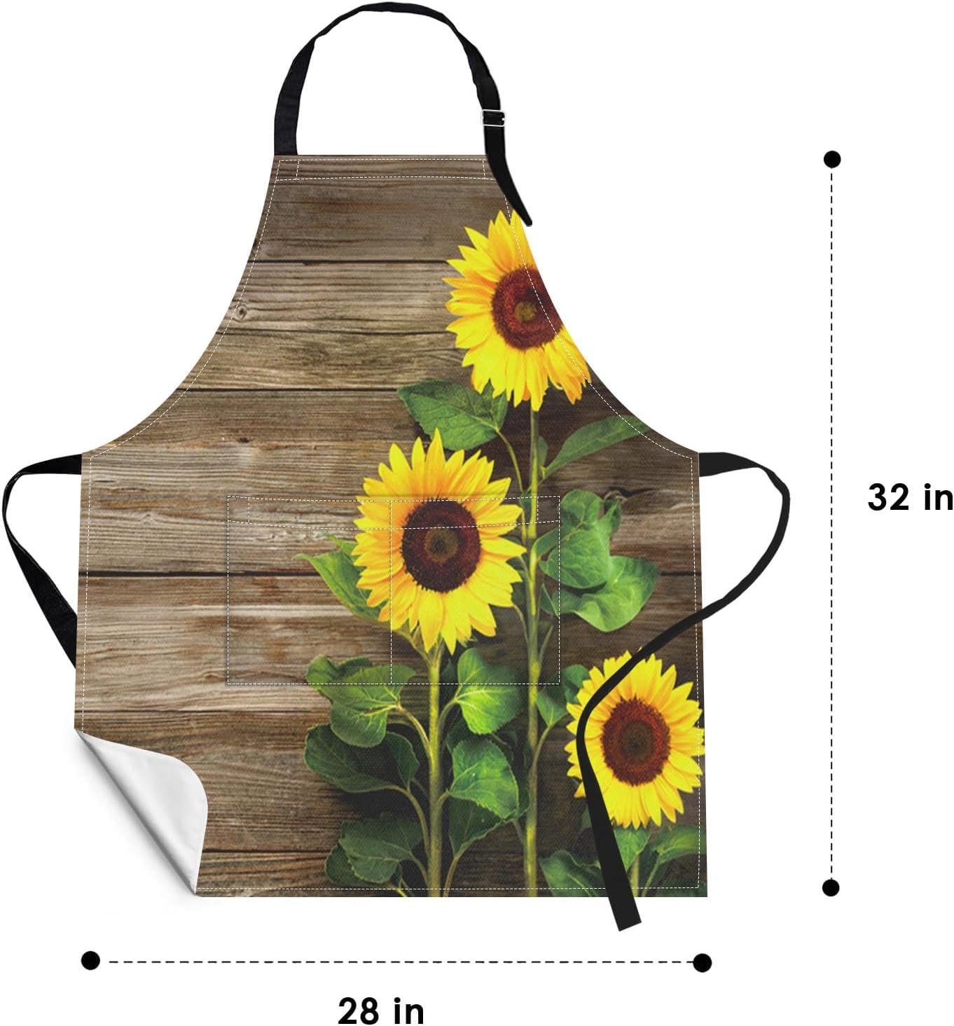 Britimes Apron Home Kitchen Cooking Baking Gardening for Women Men with Pockets Autumn Sunflowers Wooden Board Flower 32x28 inch