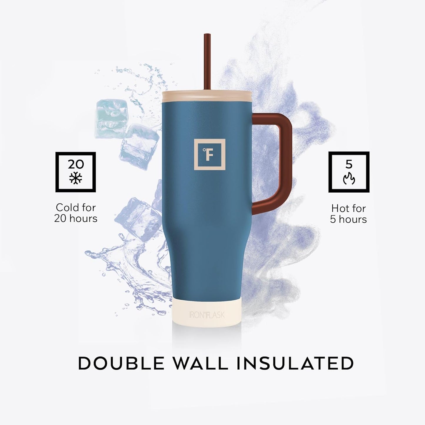 IRON °FLASK Co-Pilot Insulated Mug w/Boot, Straw & Flip Cap Lids - Cup Holder Bottle for Hot, Cold Drink - Leak-Proof - Water, Coffee Portable Travel Mug - Azure Mist, 40 Oz