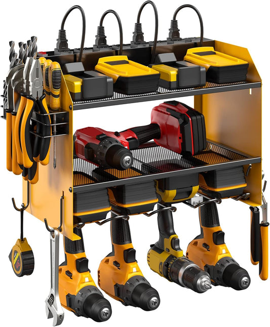 CCCEI Modular Power Tool Organizer Wall Mount with Charging Station. Garage Drill Storage Shelf with Hooks, Heavy Duty Rack, Tool Battery Holder Built in 8 Outlet. Gift for Men. Yellow, 1 Pack.