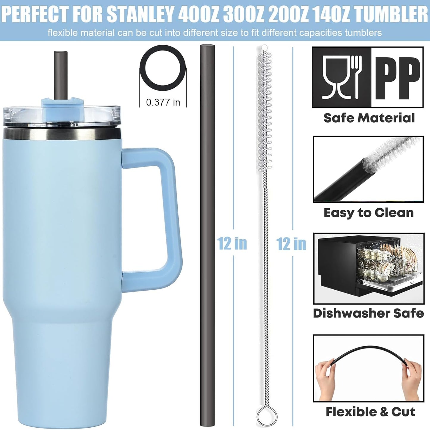 [DISHWASHER SAFE] 6 Pack Replacement Straws for Stanley 40 oz 30 oz Cup Tumbler, 12 inch Long Gray Reusable Plastic Straws with Brush for Stanley, Owala, Yeit Tumbler, BPA FREE