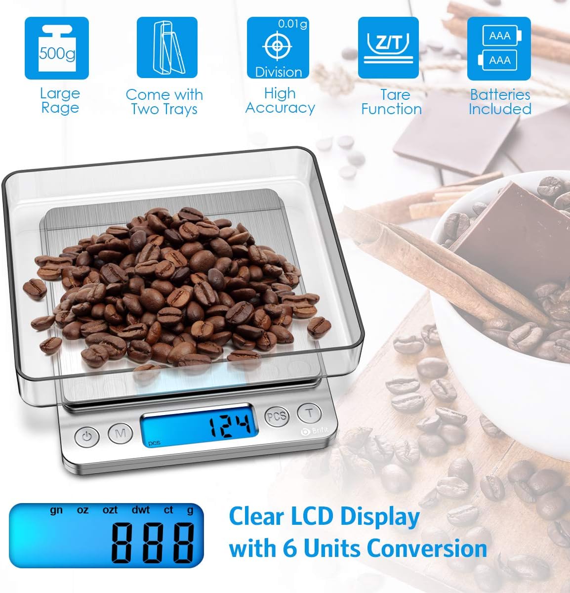 (New) AMIR Digital Kitchen Scale, 500g/ 0.01g Mini Pocket Jewelry Scale, 100g Calibration Weight, Cooking Food Scale, Back-Lit LCD Display, 2 Trays, 6 Units, Auto Off, Tare, PCS, Stainless Steel