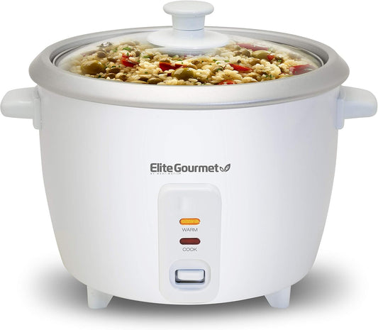 Elite Gourmet Elite Cuisine ERC006 Electric Rice Cooker with Automatic Keep Warm Makes Soups, Stews, Grains, Hot Cereals, White, 6 Cups Cooked (3 Cups Uncooked)
