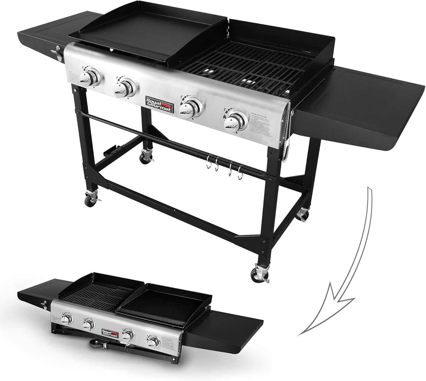 Royal Gourmet GD401C 4-Burner Propane Gas Grill and Griddle Combo with Cover, Griddle Grill Combo with 48,000 BTUs Output for Outdoor Cooking While Camping or Tailgating, Black & Silver