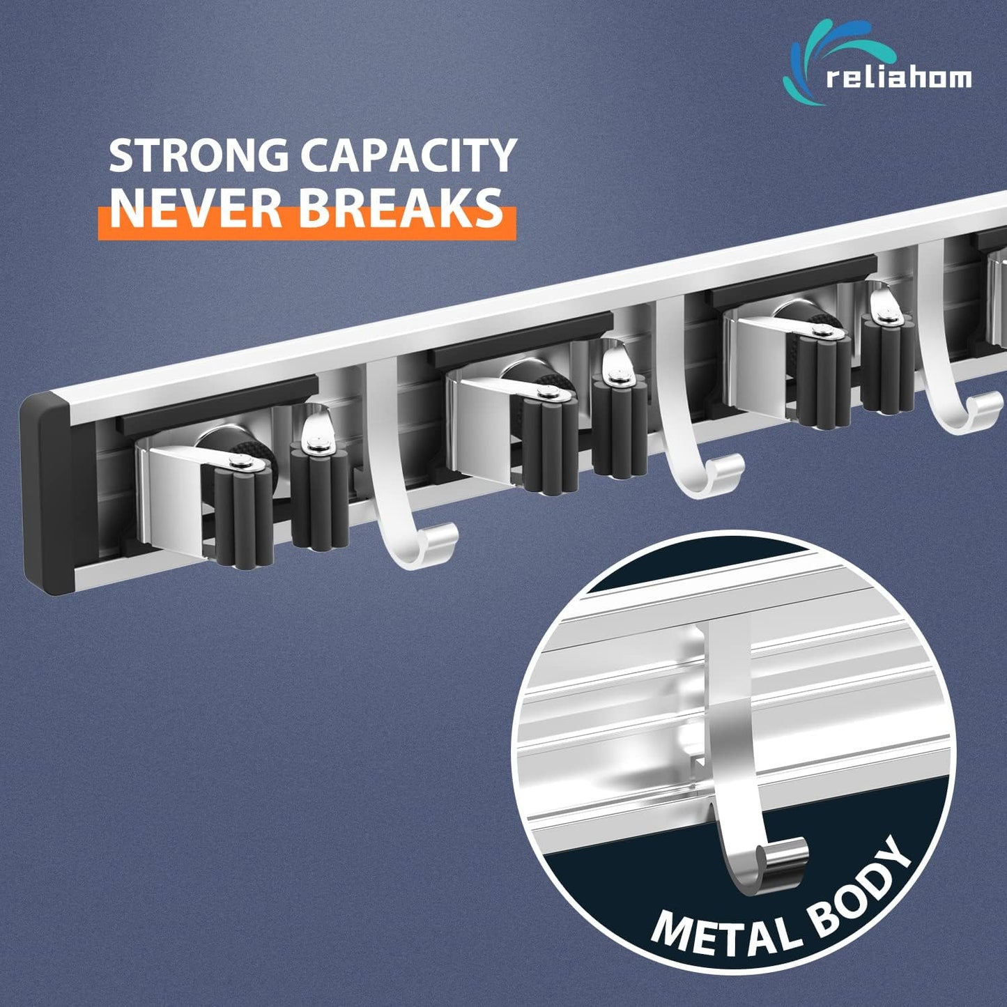 reliahom Broom Holder Wall Mount Mop and Broom Hanger Wall Mounted Garage Storage Rack Kitchen Garden Tool Organizer (5 Racks with 4 Hooks, Black)